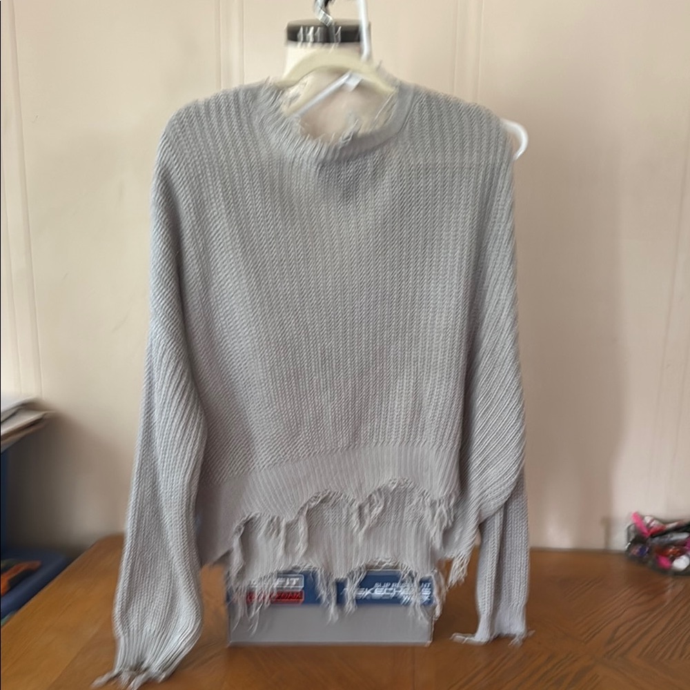 Polly & Esther Gray V-Neck Sweater with Distressed Hem - Picture 3 of 9